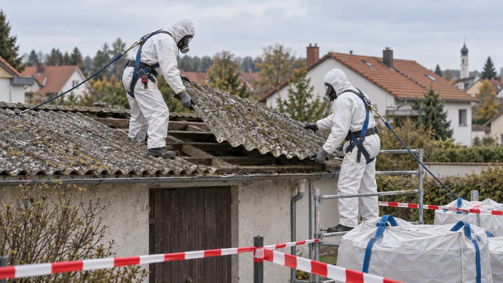 Arbeiter in weißen Schutzanzügen mit Atemmasken demontieren Wellplatten eines alten Dachs, Absperrband und Entsorgungssäcke