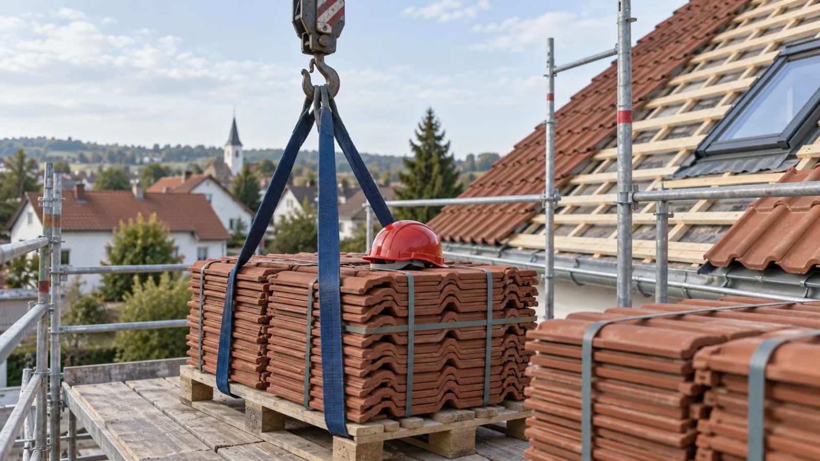 Paletten mit neuen Tonziegeln werden per Kran auf das Gerüst gehoben, im Hintergrund das abgedeckte Dach