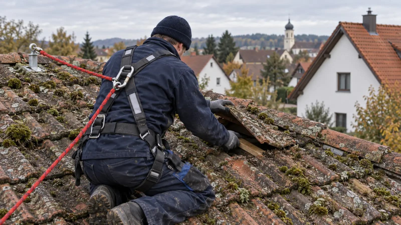 Dachdecker im Auffanggurt prüft ein altes, vermoostes Ziegeldach und hebt einen Ziegel an der Dachlatte an