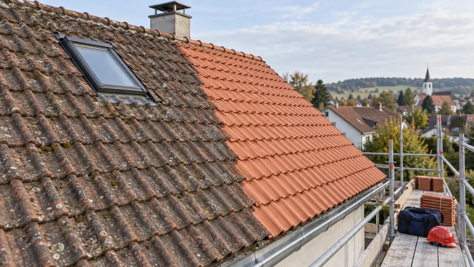 Hausdach zur Hälfte mit alten, bemoosten Ziegeln und zur Hälfte mit neuen terrakottafarbenen Ziegeln gedeckt
