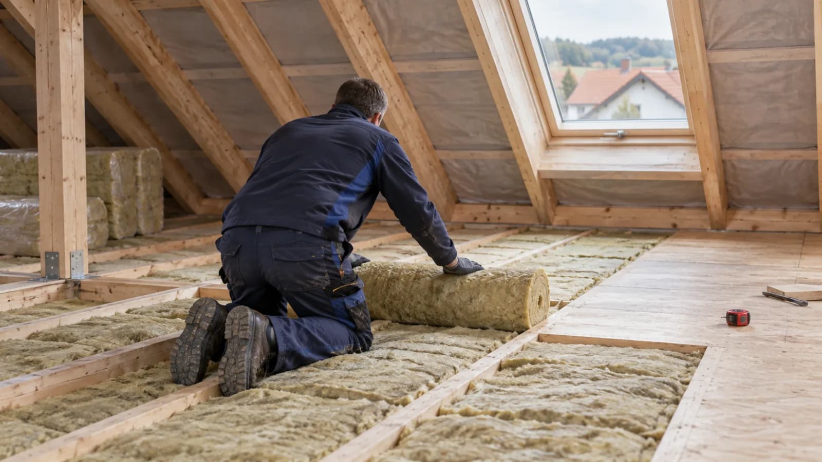 Handwerker rollt Mineralwolle zwischen den Balken der obersten Geschossdecke im Dachboden aus